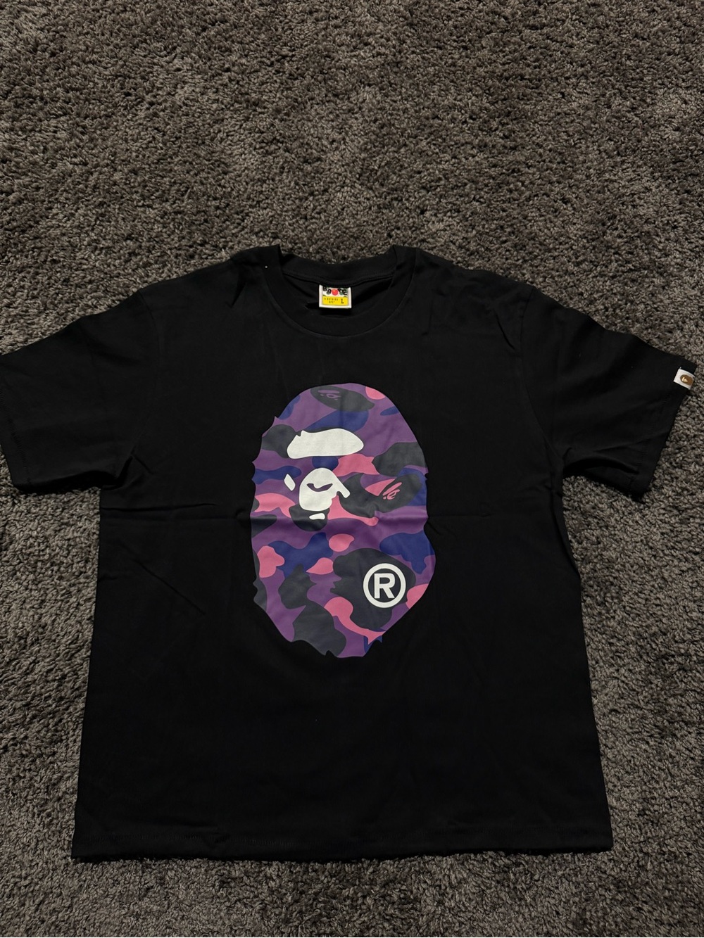 Bape Black Tee with Purple/Pink Camo Ape Graphic